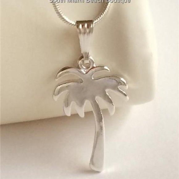 Palm Tree Necklace 18" Silver Plated Pendant Beach Coconut Tropical Island - Picture 3 of 10